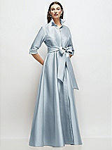 Front View Thumbnail - Mist 3/4 Sleeve Satin Shirt Dress Gown with Sash and Jeweled Buttons