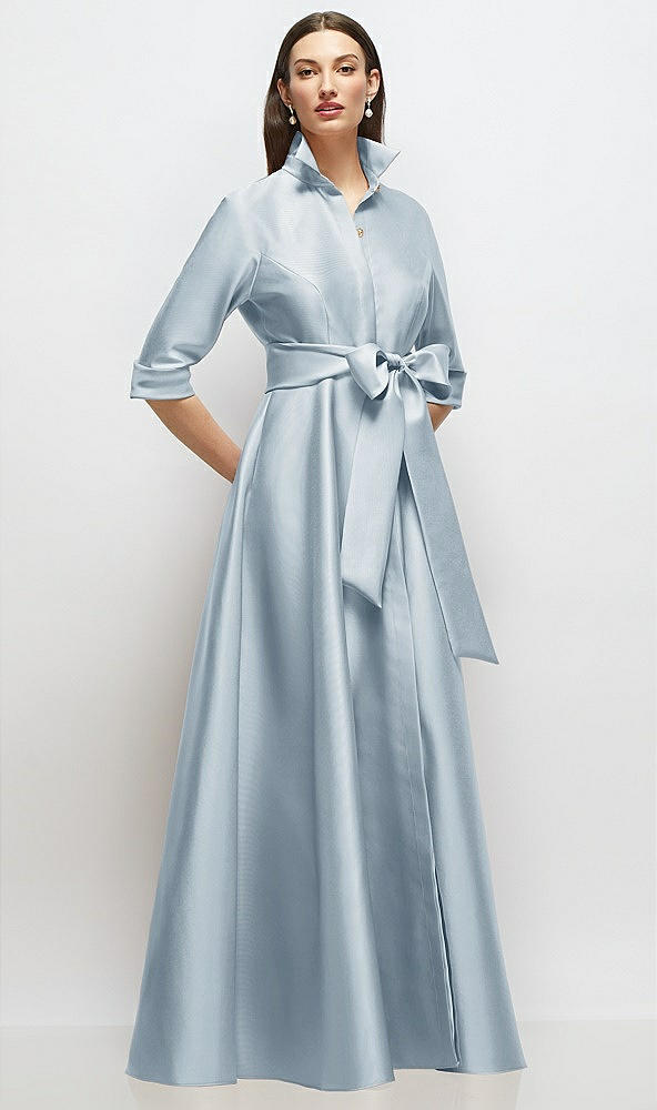 Front View - Mist 3/4 Sleeve Satin Shirt Dress Gown with Sash and Jeweled Buttons