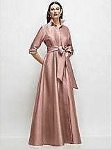 Front View Thumbnail - Neu Nude 3/4 Sleeve Satin Shirt Dress Gown with Sash and Jeweled Buttons