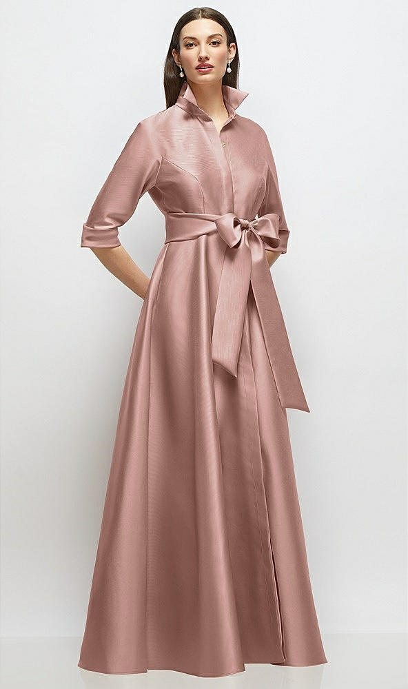 Front View - Neu Nude 3/4 Sleeve Satin Shirt Dress Gown with Sash and Jeweled Buttons