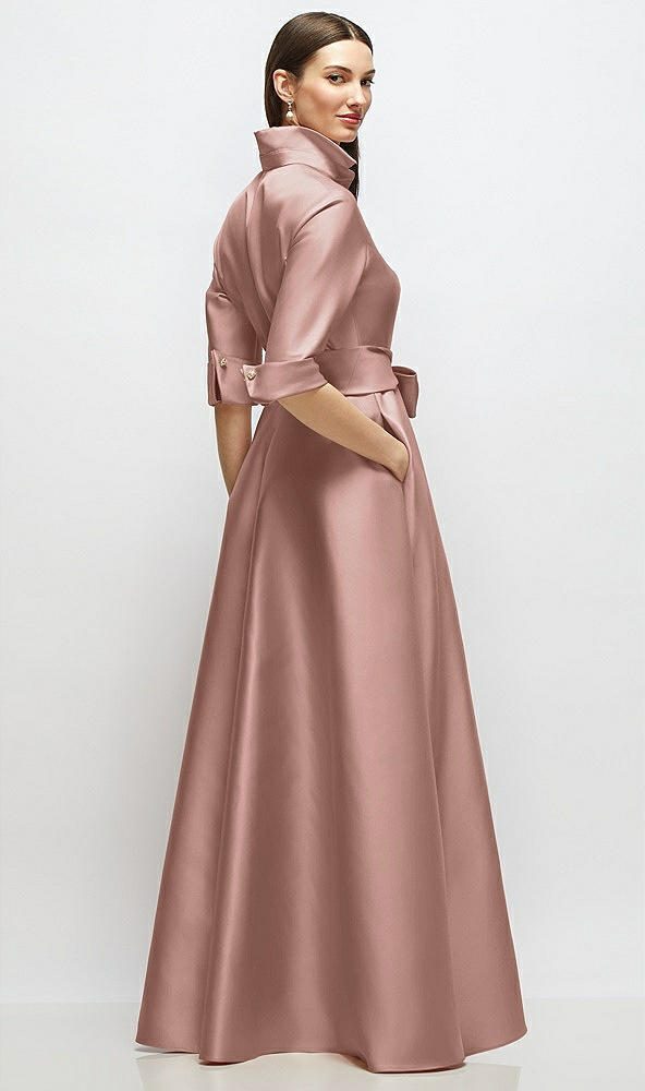 Back View - Neu Nude 3/4 Sleeve Satin Shirt Dress Gown with Sash and Jeweled Buttons