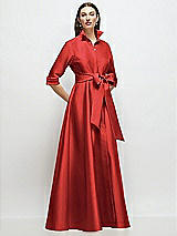 Front View Thumbnail - Poppy Red 3/4 Sleeve Satin Shirt Dress Gown with Sash and Jeweled Buttons