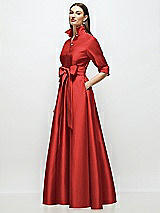 Side View Thumbnail - Poppy Red 3/4 Sleeve Satin Shirt Dress Gown with Sash and Jeweled Buttons