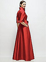 Rear View Thumbnail - Poppy Red 3/4 Sleeve Satin Shirt Dress Gown with Sash and Jeweled Buttons