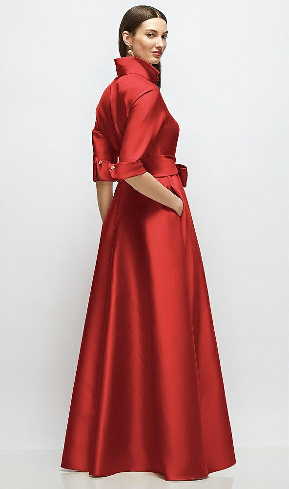 Back View - Poppy Red 3/4 Sleeve Satin Shirt Dress Gown with Sash and Jeweled Buttons