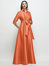 Front View Thumbnail - Portofino Orange 3/4 Sleeve Satin Shirt Dress Gown with Sash and Jeweled Buttons