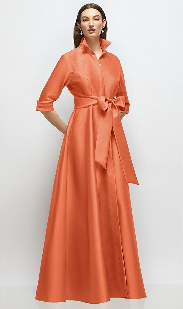 Front View - Portofino Orange 3/4 Sleeve Satin Shirt Dress Gown with Sash and Jeweled Buttons