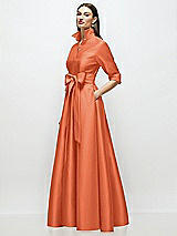 Side View Thumbnail - Portofino Orange 3/4 Sleeve Satin Shirt Dress Gown with Sash and Jeweled Buttons
