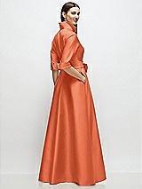 Rear View Thumbnail - Portofino Orange 3/4 Sleeve Satin Shirt Dress Gown with Sash and Jeweled Buttons