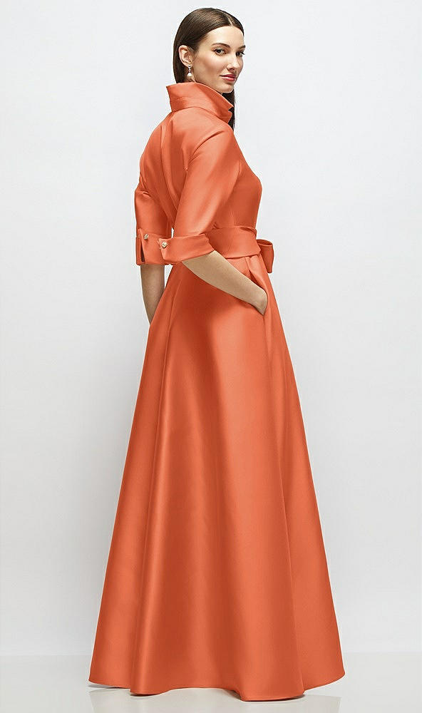 Back View - Portofino Orange 3/4 Sleeve Satin Shirt Dress Gown with Sash and Jeweled Buttons