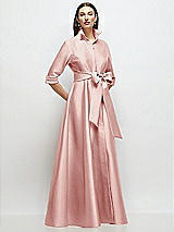 Front View Thumbnail - Rose 3/4 Sleeve Satin Shirt Dress Gown with Sash and Jeweled Buttons