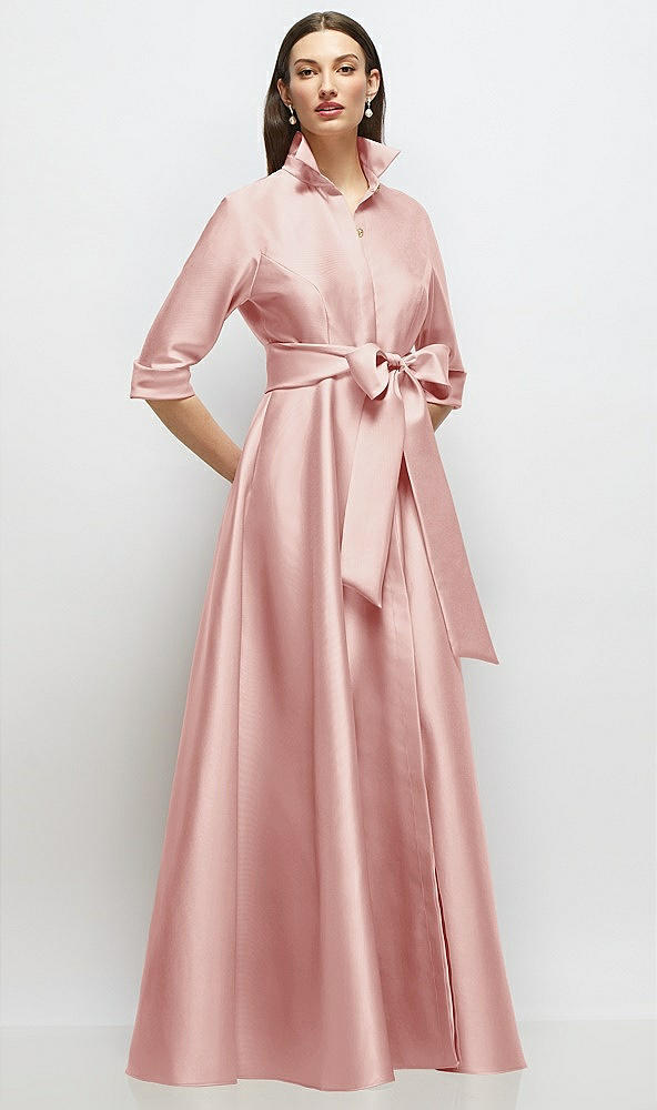 Front View - Rose 3/4 Sleeve Satin Shirt Dress Gown with Sash and Jeweled Buttons