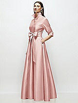 Side View Thumbnail - Rose 3/4 Sleeve Satin Shirt Dress Gown with Sash and Jeweled Buttons