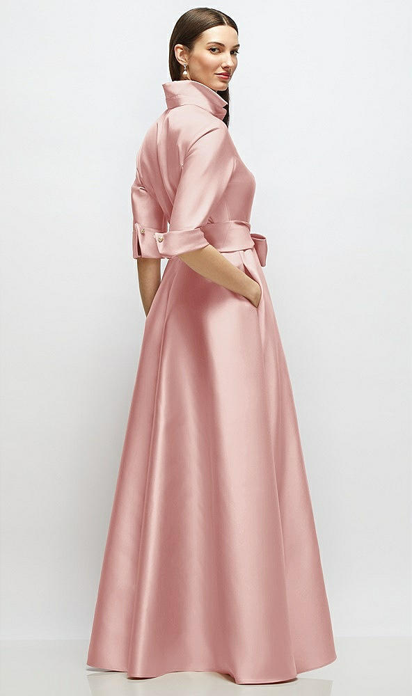 Back View - Rose 3/4 Sleeve Satin Shirt Dress Gown with Sash and Jeweled Buttons