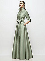 Side View Thumbnail - Sage 3/4 Sleeve Satin Shirt Dress Gown with Sash and Jeweled Buttons