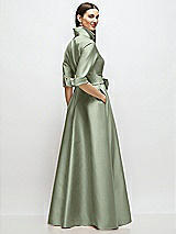 Rear View Thumbnail - Sage 3/4 Sleeve Satin Shirt Dress Gown with Sash and Jeweled Buttons