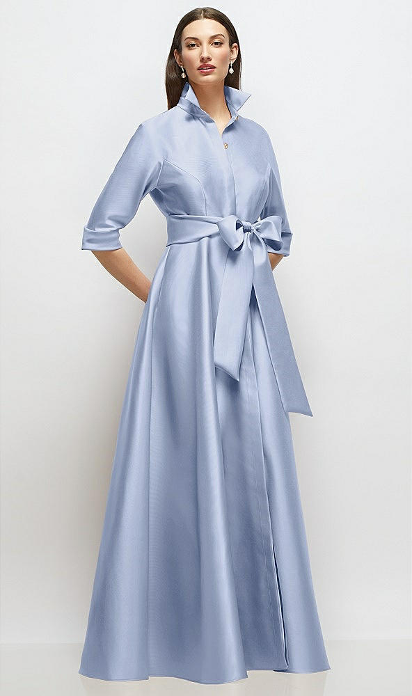 Front View - Sky Blue 3/4 Sleeve Satin Shirt Dress Gown with Sash and Jeweled Buttons