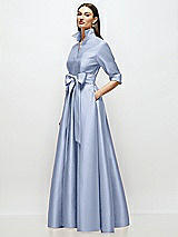 Side View Thumbnail - Sky Blue 3/4 Sleeve Satin Shirt Dress Gown with Sash and Jeweled Buttons