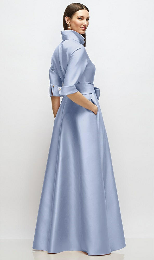 Back View - Sky Blue 3/4 Sleeve Satin Shirt Dress Gown with Sash and Jeweled Buttons