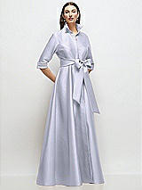 Front View Thumbnail - Silver Dove 3/4 Sleeve Satin Shirt Dress Gown with Sash and Jeweled Buttons