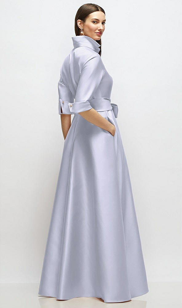 Back View - Silver Dove 3/4 Sleeve Satin Shirt Dress Gown with Sash and Jeweled Buttons