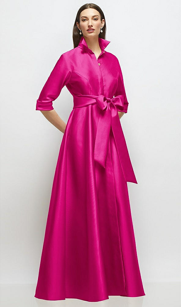 Front View - Think Pink 3/4 Sleeve Satin Shirt Dress Gown with Sash and Jeweled Buttons