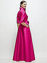 Rear View Thumbnail - Think Pink 3/4 Sleeve Satin Shirt Dress Gown with Sash and Jeweled Buttons