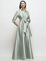Front View Thumbnail - Willow Green 3/4 Sleeve Satin Shirt Dress Gown with Sash and Jeweled Buttons