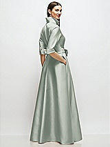 Rear View Thumbnail - Willow Green 3/4 Sleeve Satin Shirt Dress Gown with Sash and Jeweled Buttons