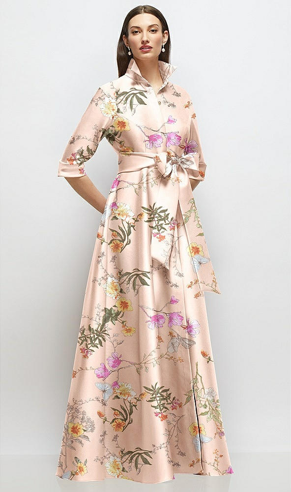 Front View - Butterfly Botanica Pink Sand 3/4 Sleeve Floral Satin Shirt Dress Gown with Sash and Jeweled Buttons