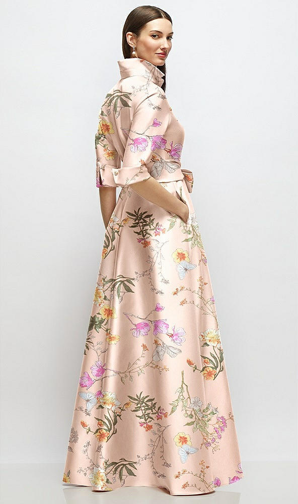 Back View - Butterfly Botanica Pink Sand 3/4 Sleeve Floral Satin Shirt Dress Gown with Sash and Jeweled Buttons