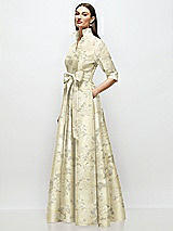 Side View Thumbnail - Butter Yellow Floral 3/4 Sleeve Floral Satin Shirt Dress Gown with Sash and Jeweled Buttons
