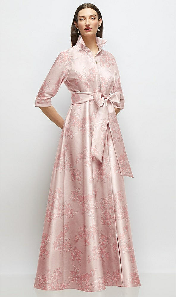 Front View - Bow And Blossom Print 3/4 Sleeve Floral Satin Shirt Dress Gown with Sash and Jeweled Buttons