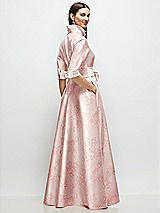 Rear View Thumbnail - Bow And Blossom Print 3/4 Sleeve Floral Satin Shirt Dress Gown with Sash and Jeweled Buttons