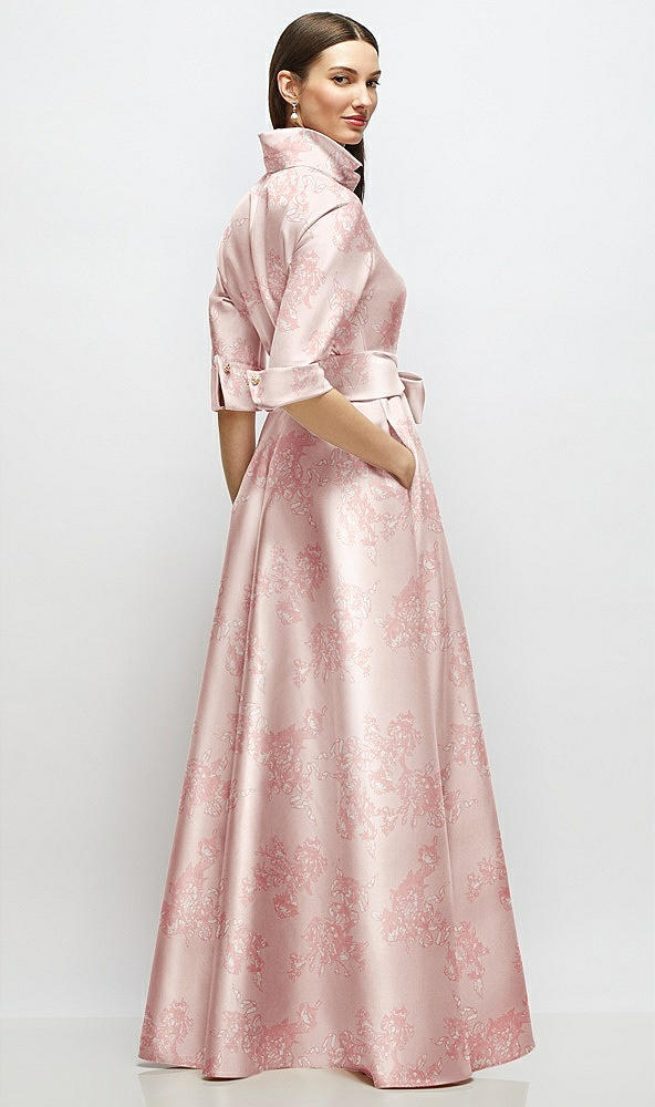 Back View - Bow And Blossom Print 3/4 Sleeve Floral Satin Shirt Dress Gown with Sash and Jeweled Buttons