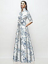 Side View Thumbnail - Cottage Rose Larkspur 3/4 Sleeve Floral Satin Shirt Dress Gown with Sash and Jeweled Buttons