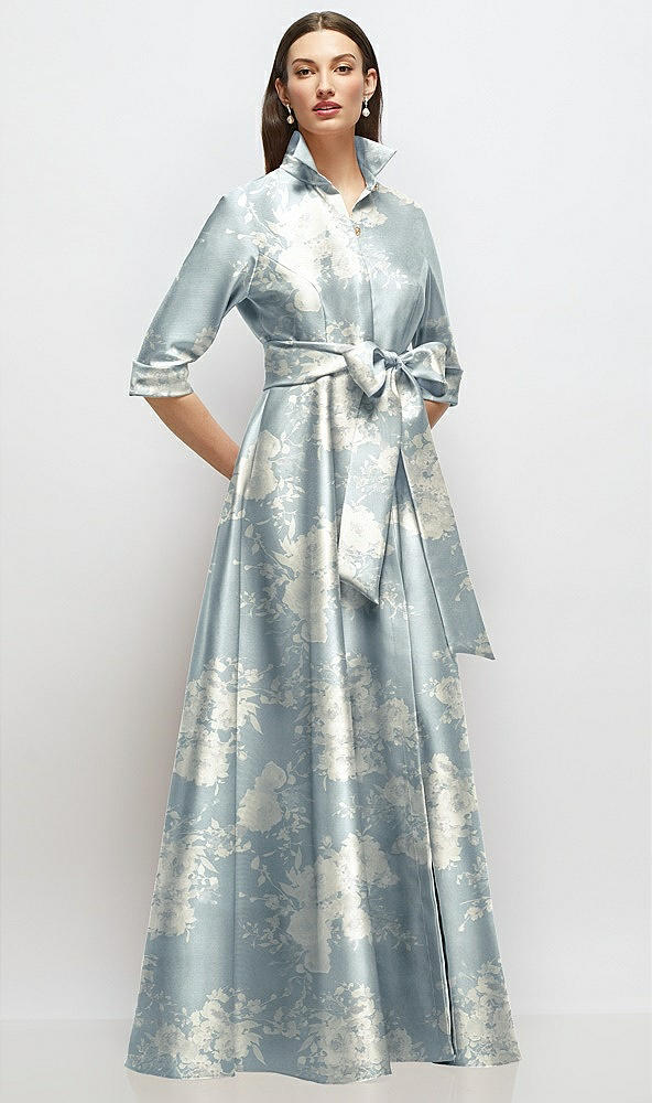Front View - Porcelain Blue Seraphina Floral 3/4 Sleeve Floral Satin Shirt Dress Gown with Sash and Jeweled Buttons