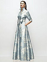 Side View Thumbnail - Porcelain Blue Seraphina Floral 3/4 Sleeve Floral Satin Shirt Dress Gown with Sash and Jeweled Buttons