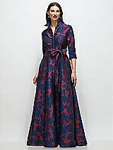 Front View Thumbnail - Burgundy Midnight Floral Heritage Floral Jacquard Shirt Dress Gown with Sash and Jeweled Buttons