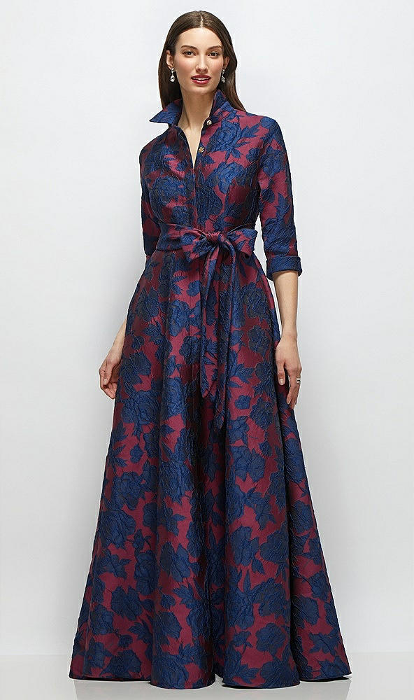 Front View - Burgundy Midnight Floral Heritage Floral Jacquard Shirt Dress Gown with Sash and Jeweled Buttons