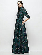 Side View Thumbnail - Evergreen Floral Oscar Metallic Floral Jacquard Shirt Dress Gown with Sash and Jeweled Buttons