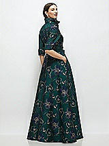 Rear View Thumbnail - Evergreen Floral Oscar Metallic Floral Jacquard Shirt Dress Gown with Sash and Jeweled Buttons