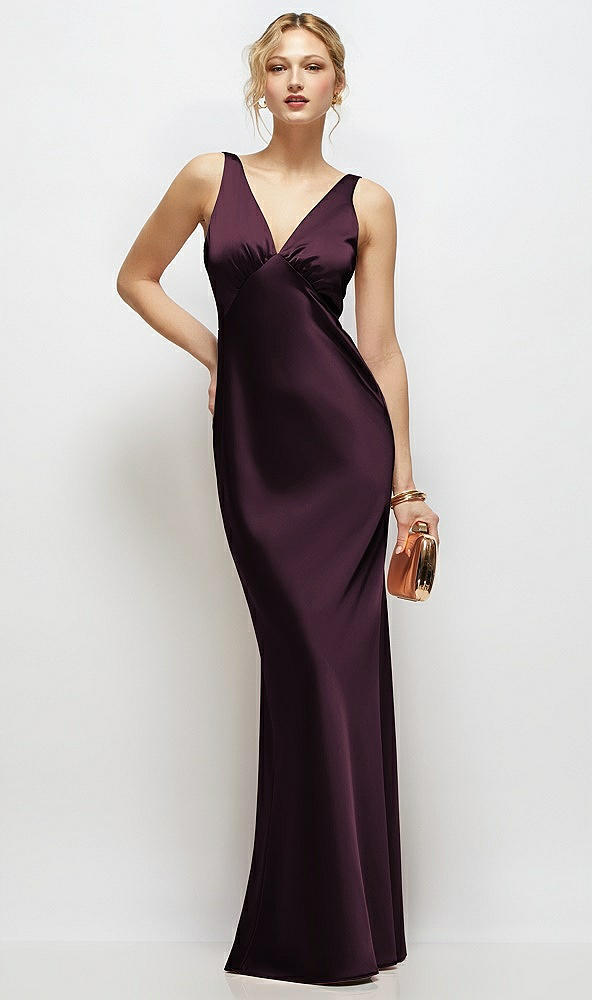Front View - Deep Plum Sleeveless V-Neck Stretch Satin Bias Slip Maxi Dress