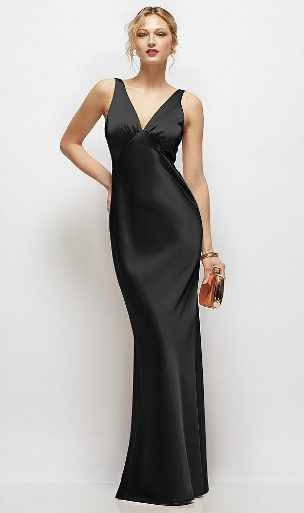 Front View - Black Sleeveless V-Neck Stretch Satin Bias Slip Maxi Dress