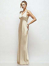 Side View Thumbnail - Champagne Sleeveless V-Neck Stretch Satin Bias Slip Maxi Dress