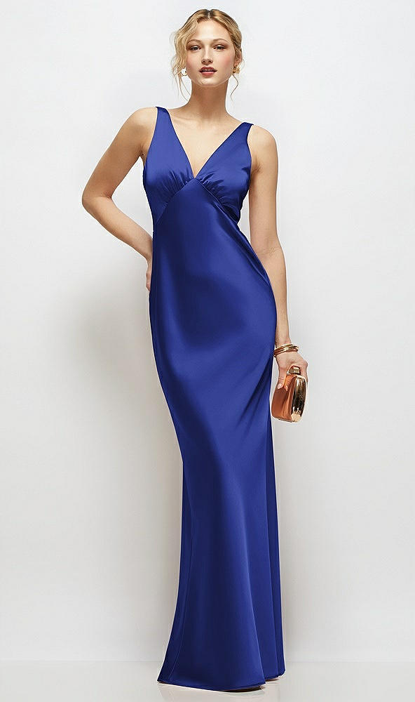 Front View - Cobalt Blue Sleeveless V-Neck Stretch Satin Bias Slip Maxi Dress