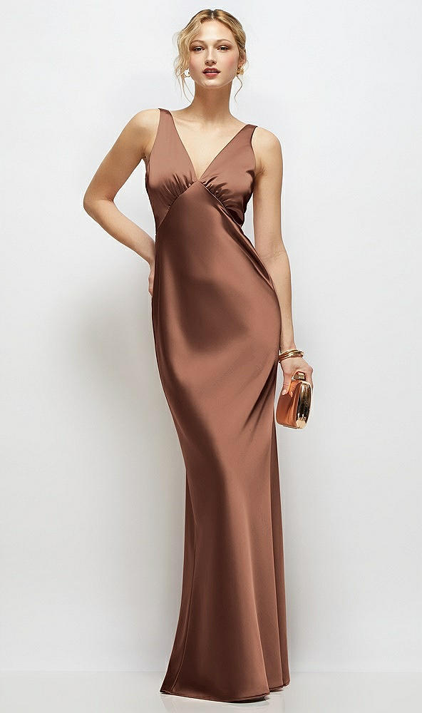 Front View - Cognac Sleeveless V-Neck Stretch Satin Bias Slip Maxi Dress