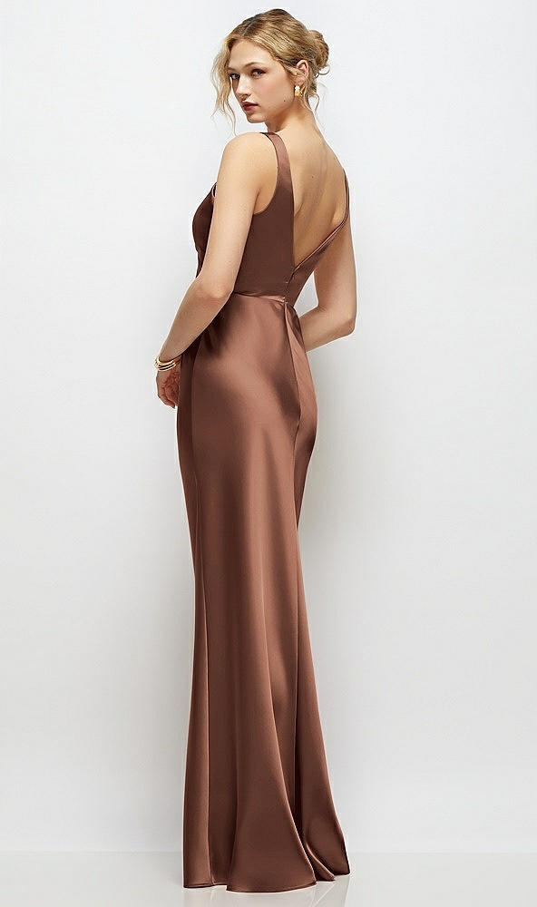 Back View - Cognac Sleeveless V-Neck Stretch Satin Bias Slip Maxi Dress