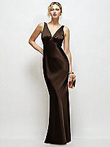 Front View Thumbnail - Espresso Sleeveless V-Neck Stretch Satin Bias Slip Maxi Dress