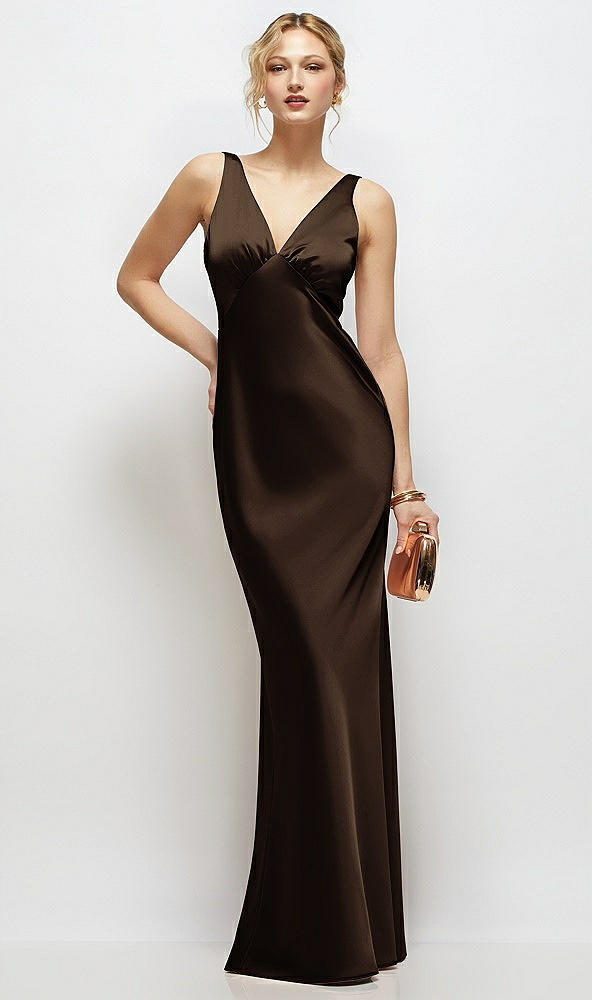 Front View - Espresso Sleeveless V-Neck Stretch Satin Bias Slip Maxi Dress